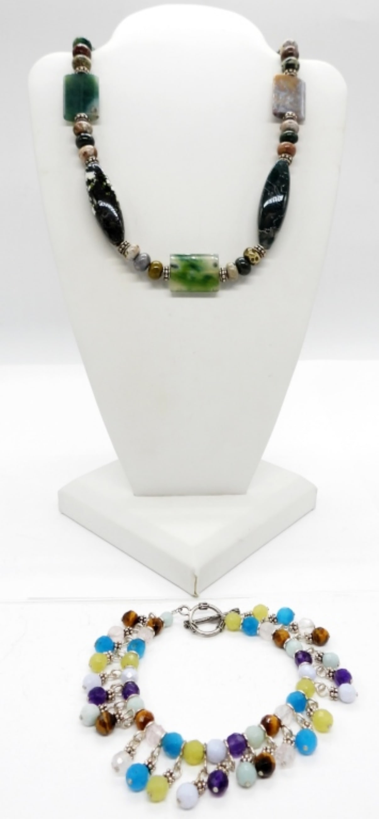 Jasper Necklace & Gemstone Bracelet: Variant Jasper Gemstone Necklace, 15". Faceted Gemstone Bracelet, 7".
