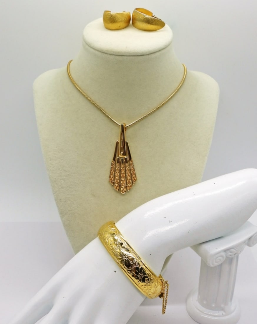 S.Coventry Necklace & 2 More: Gold Tone Sarah Coventry Fashion Necklace, 23". Gold Tone Clip On Earrings and Bangle Bracelet.