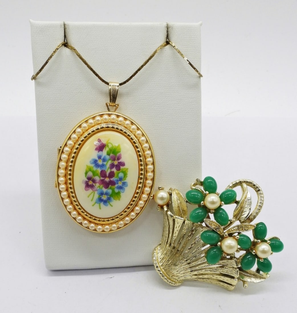 Vintage Avon Locket & More: Vintage Gold Tone AVON Locket with Faux Pearls and 17" Chain. Gold Tone Flower Basket Brooch with Gemstones.