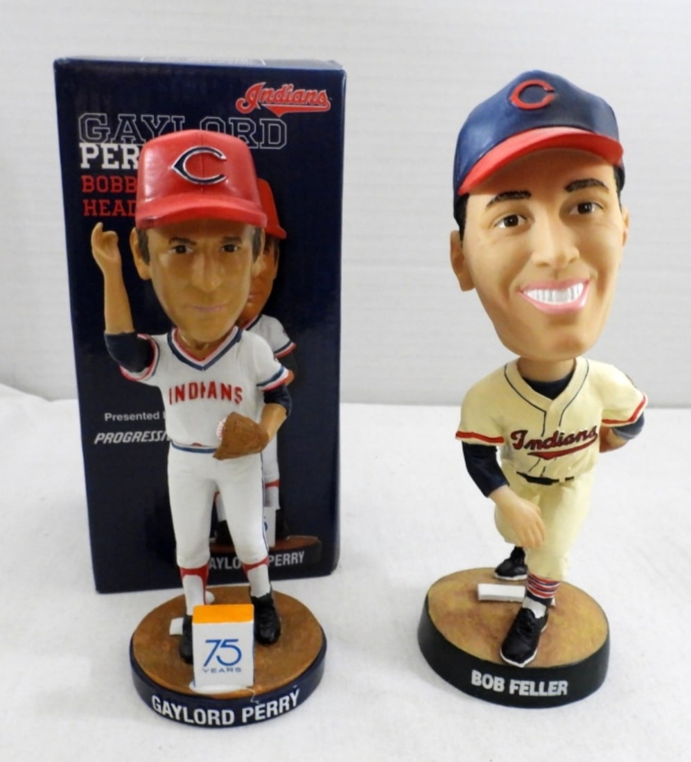 (2) CLEVELAND INDIANS BOBBLEHEADS GAYLORD & FELLER: 1- GAYLORD PERRY STILL WITH ORIGINAL BOX, PRESENTED BY PROGRESSIVE 75 YEARS, ( 75 YEARS IS GLUED BACK), 1- BOB FELLER, GOOD CONDITION