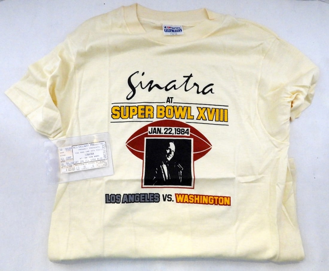 1984 FRANK SINATRA T-SHIRT & CONCERT: USED TICKET from JAN 21, 1884 - SUPER BOWL XVIII VINTAGE T-SHIRT of FRANK SINATRA