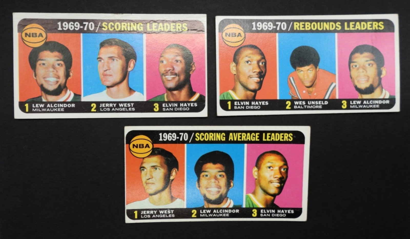 (3) TOPPS 70-71 LEAGUE LEADERS BASKETBALL CARDS: CONDITIONS RANGE FROM #1-G, #2-VG, #5-EX, SOME PLAYERS LEW ALCINDOR, JERRY WEST, ELVIN HAYES, WED UNSELD