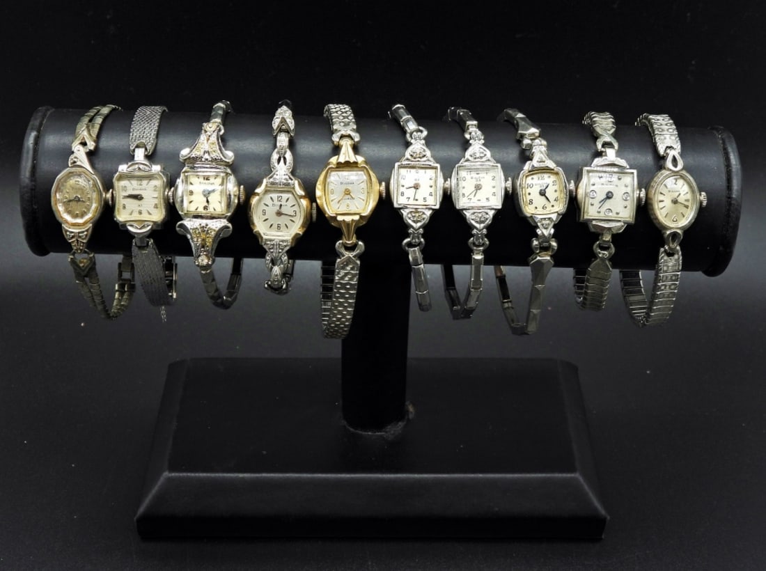 10 VINTAGE BULOVA WOMEN'S WATCHES: NOT TESTED AS TO WORKING OR NOT, SOME NEED REPAIR.- TEN VINTAGE BULOVA LADIES WATCHES, MOST ARE 10K GOLD PLATED. ONE NEEDS TO BE REPAIRED.