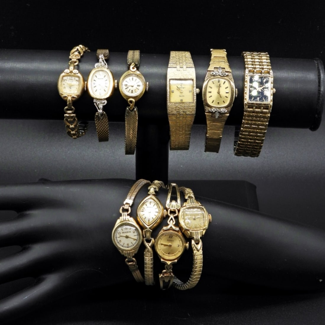 10 VINTAGE ELGIN & BULOVA LADIES WATCHES: NOT TESTED AS TO WORKING OR NOT.- VINTAGE LADIES (6) ELGIN GOLD TONE WATCHES & (4) BULOVA GOLD TONE WATCHES.
