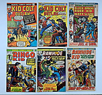 (6) VINTAGE MARVEL COMIC BOOKS: INCLUDING KID COLT OUTLAW #185 & #209, THE RINGO KID #22, RAWHIDE KID #104 & #129, WESTERN GUNFIGHTERS FEATURING BLACK RIDER, APACHE KID, MATT SLADE #11 - VERY NICE CONDITION