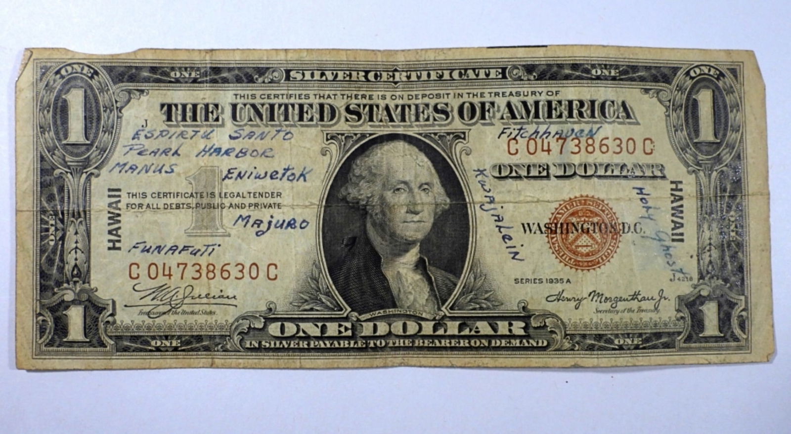 1935 $1 "SHORT SNORTER" "HAWAII" NOTE (1 of 2)