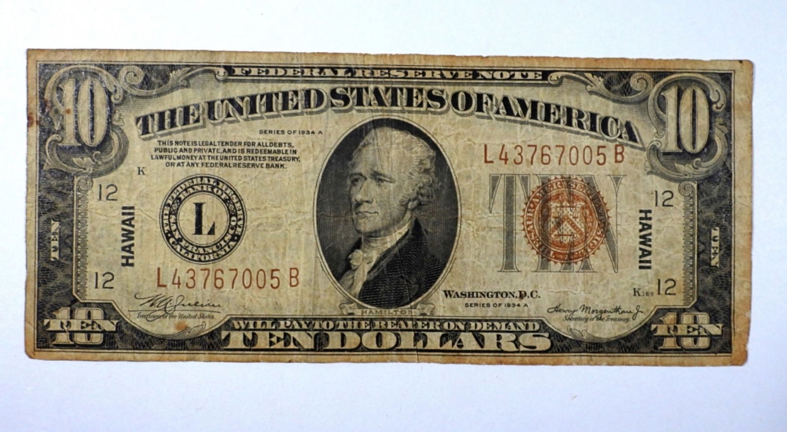 1934 $10 "HAWAII" FED RESV NOTE (1 of 2)