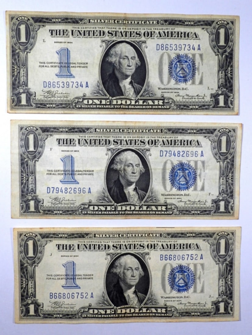 (3) 1934 $1 "FUNNY BACK" SILVER CERTS (1 of 2)