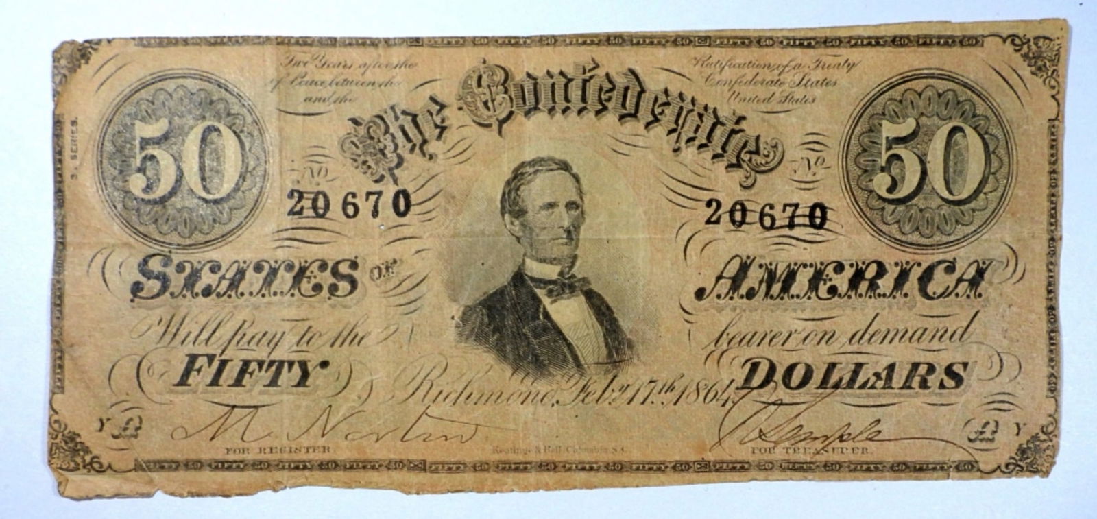 1864 $50 CONFEDERATE STATES of AMERICA (1 of 2)