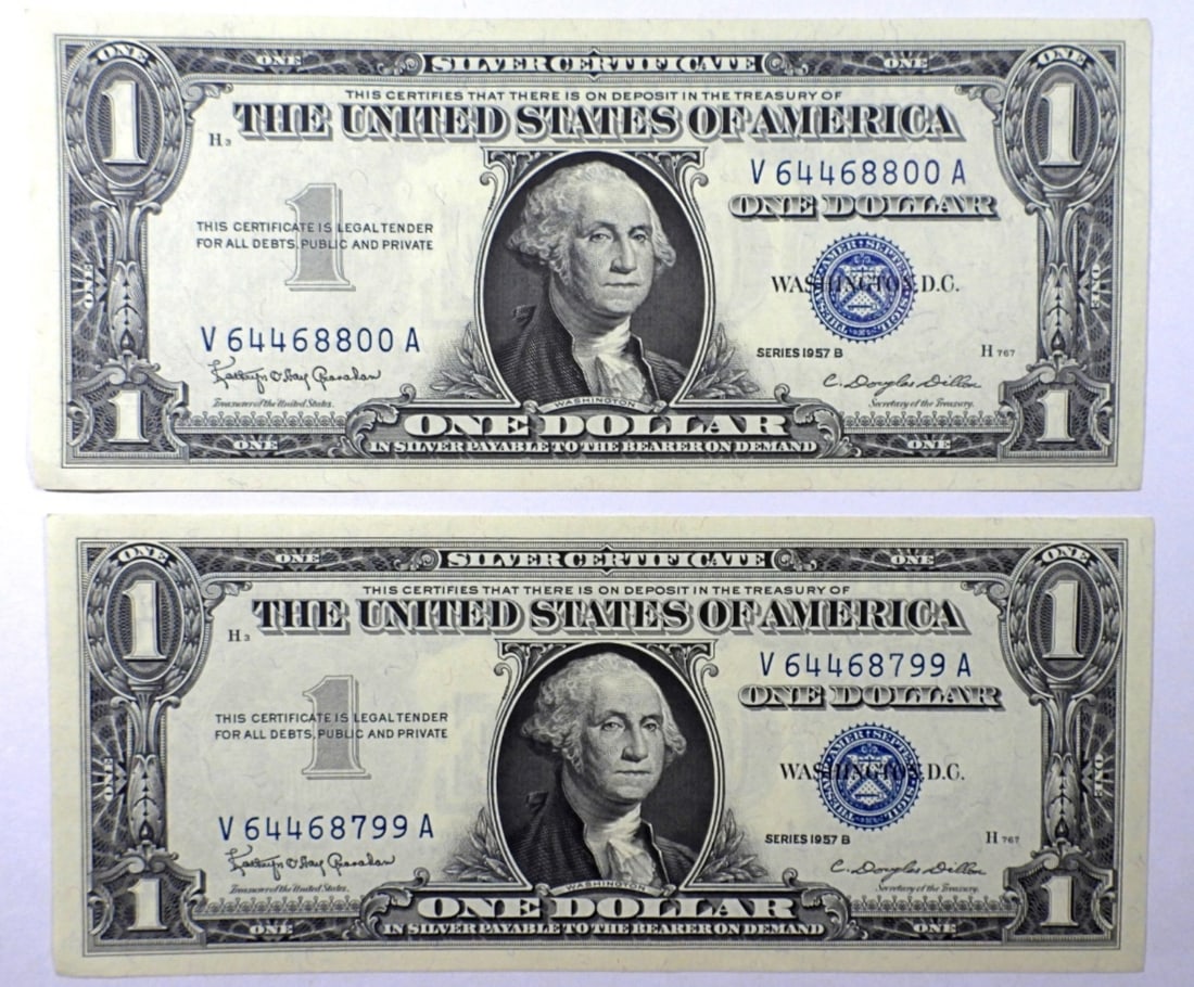 (2) 1957 $1 SILVER CERT CONSECUTIVE # (1 of 2)