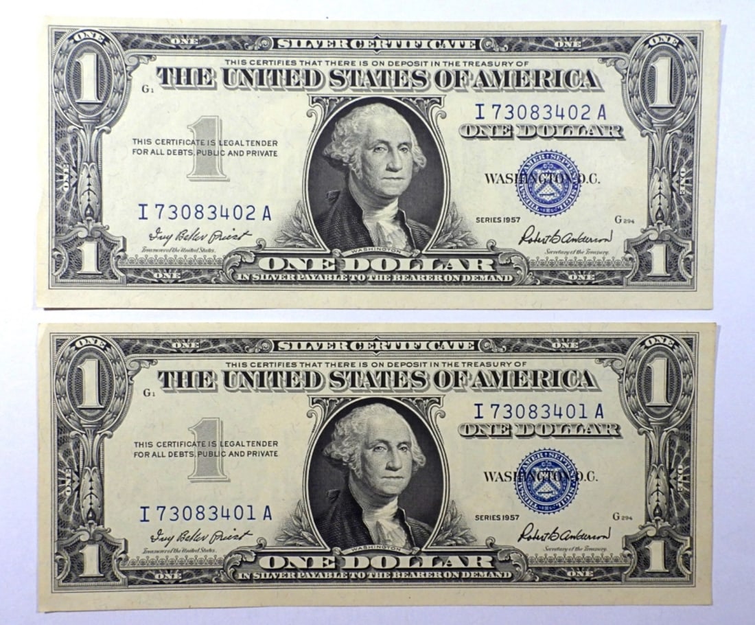 (2) 1957 $1 SILVER CERT CONSECUTIVE # (1 of 2)