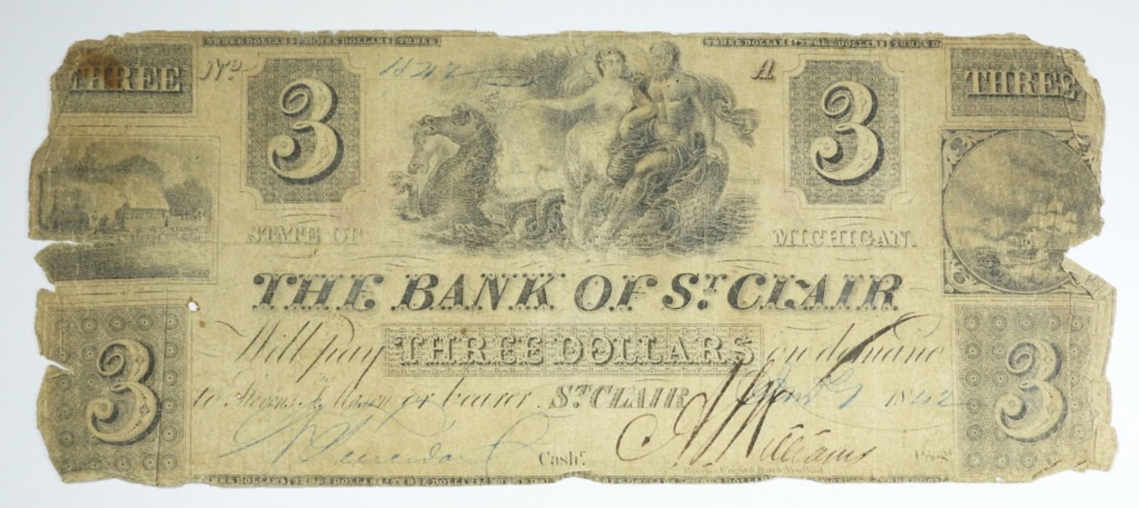 1842 $3 MICHIGAN OBSOLETE CURRENCY NOTE (1 of 2)