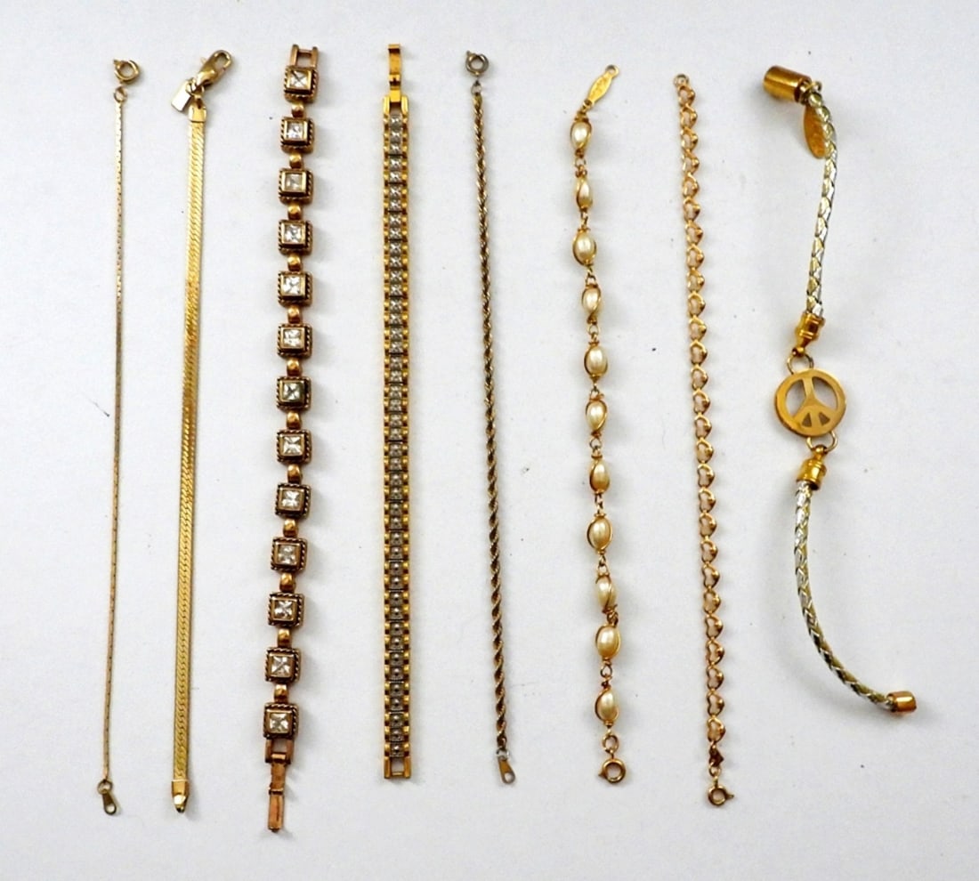 (8) GOLD TONE FASHION TENNIS BRACELETS: WITH FAUX PEARL, CLEAR GEMSTONES, HEART SHAPE DESIGN & MORE