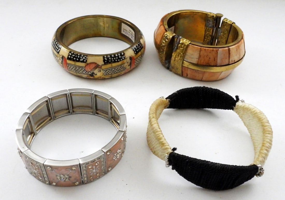 (4) ANTIQUE BRACELETS - ALL DIFFERENT: HINGE STYLE WITH NATURAL SMOOTH STONES, STRETCHY STYLE WITH GEMSTONES, BANGLE STYLE WITH UNIQUE DESIGNS
