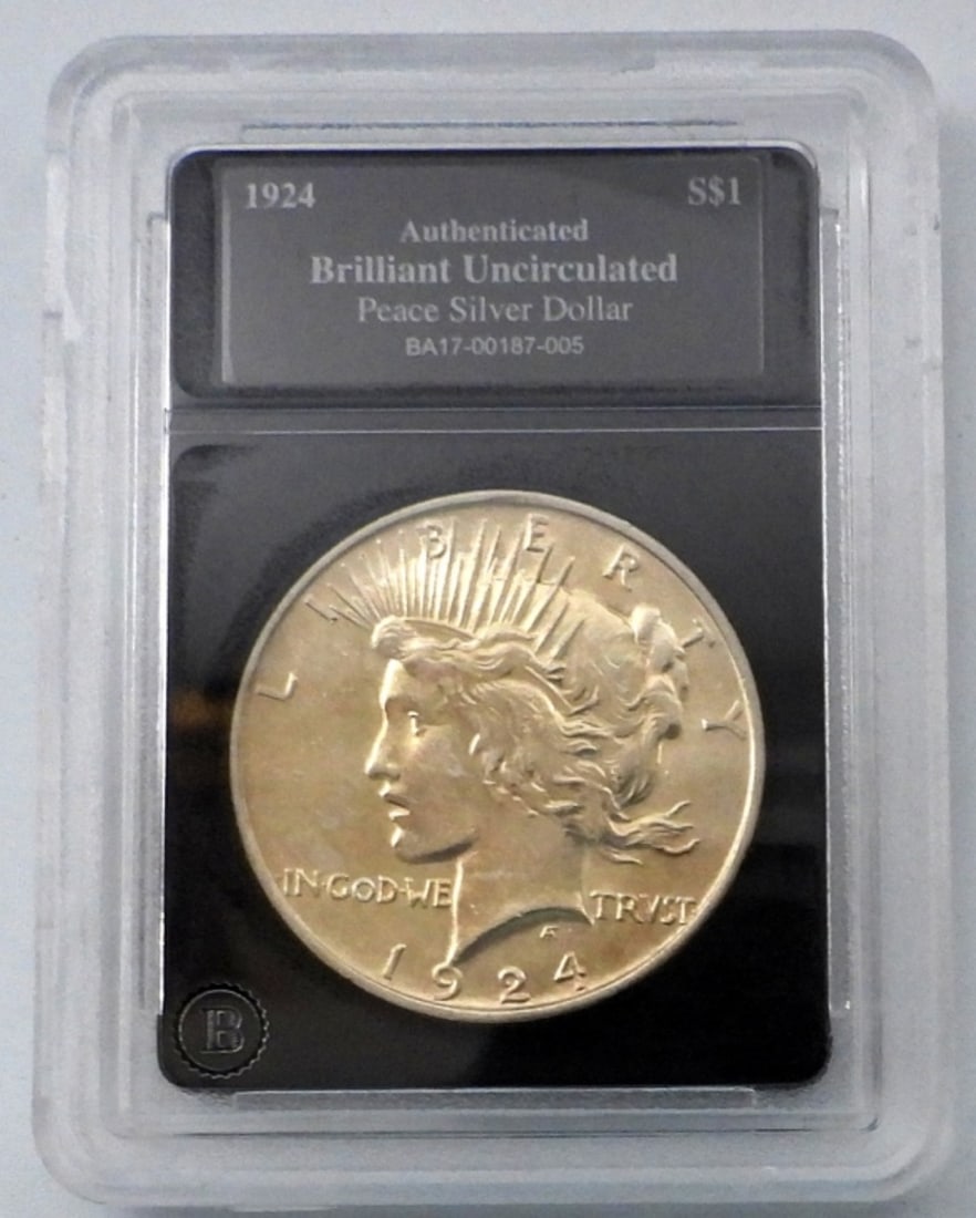 1924 PEACE DOLLAR BU IN GENERIC SLAB (1 of 2)