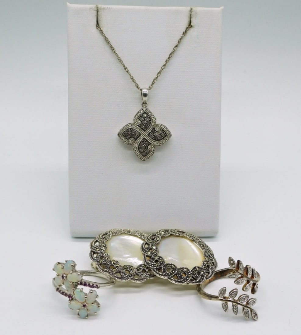 STERLING OPAL & MARCASITE & MORE JEWELRY: STERLING MARCASITE JEWELRY WITH OPALS, MOTHER OF PEARL & CLEAR GEMSTONES. RINGS ARE SIZE 8 & 9. NECKLACE CHAIN IS 18". 18.3 DWT
