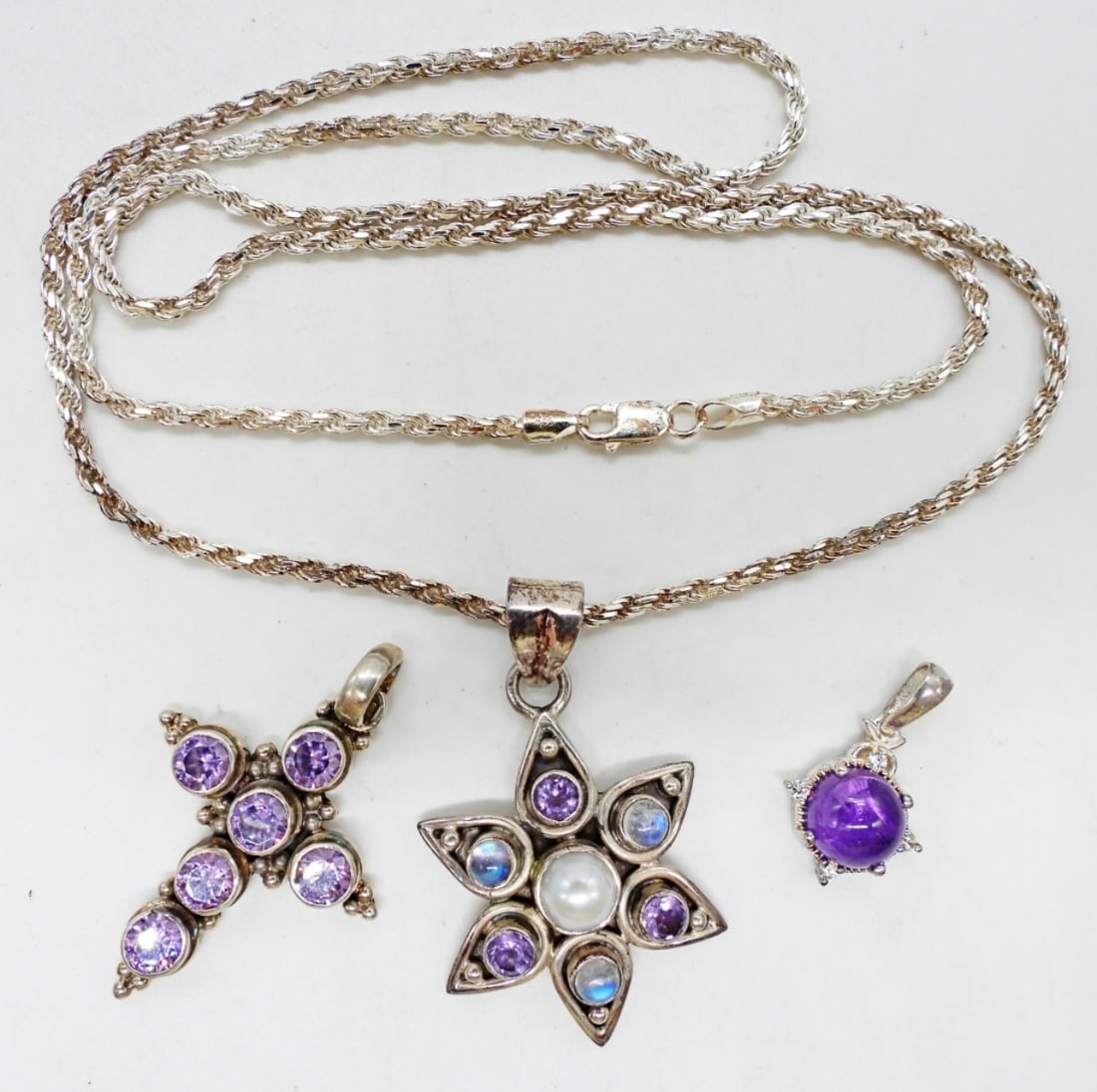 3 STERLING PURPLE GEMSTONE PENDANTS & CHAIN (1 of 4)