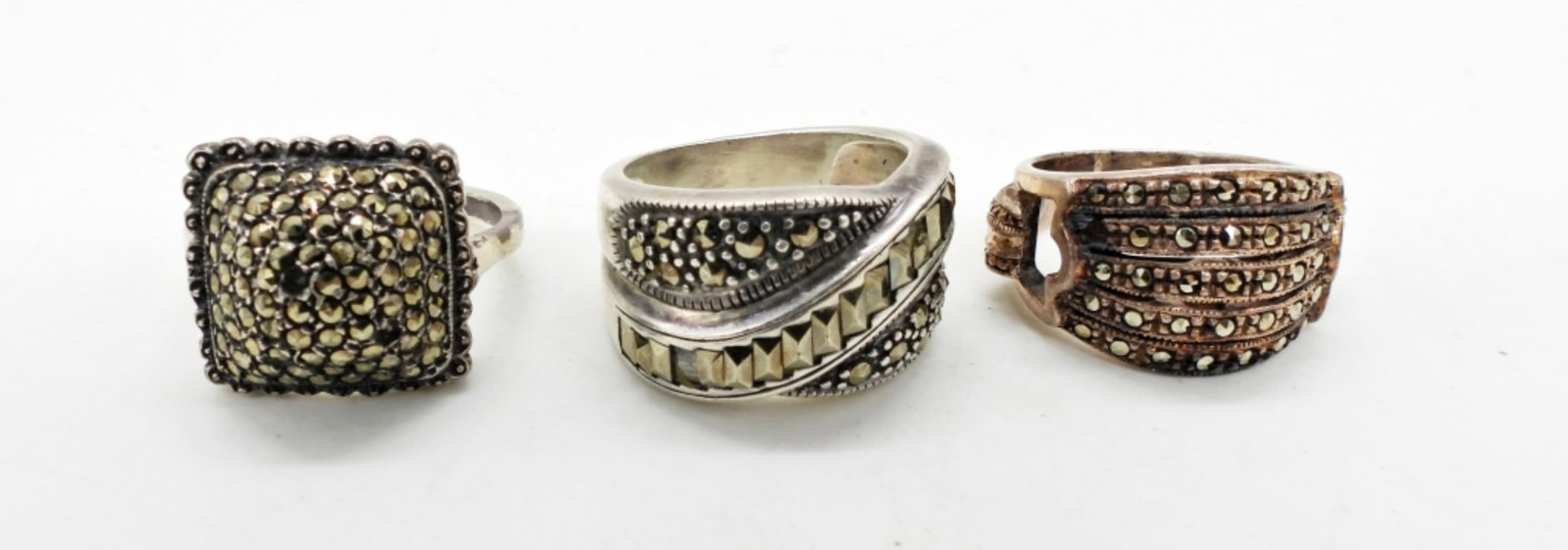 3 STERLING MARCASITE RINGS: 3 STERLING RINGS WITH MARCASITE GEMSTONES. SIZES 5, 6, 7. 12.5 DWT