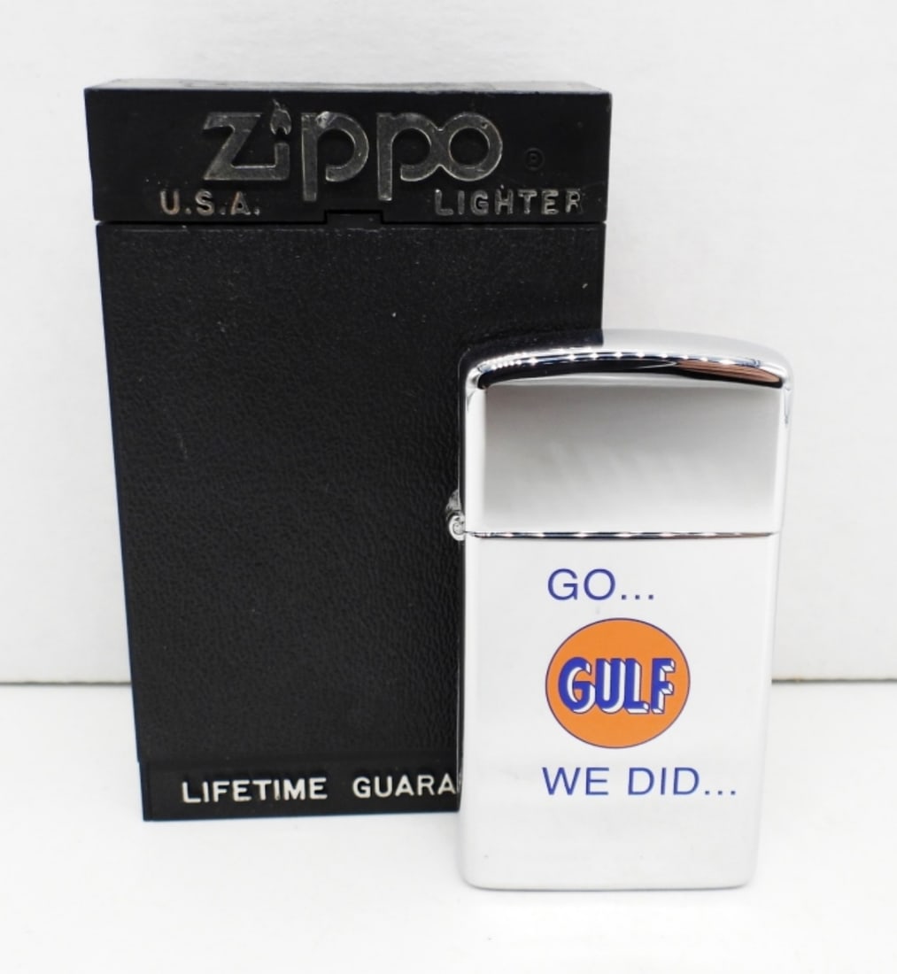 1996 SEALED SLIM ADVERTISING ZIPPO: 1996, SEALED, GULF LOGO ON THE FRONT
