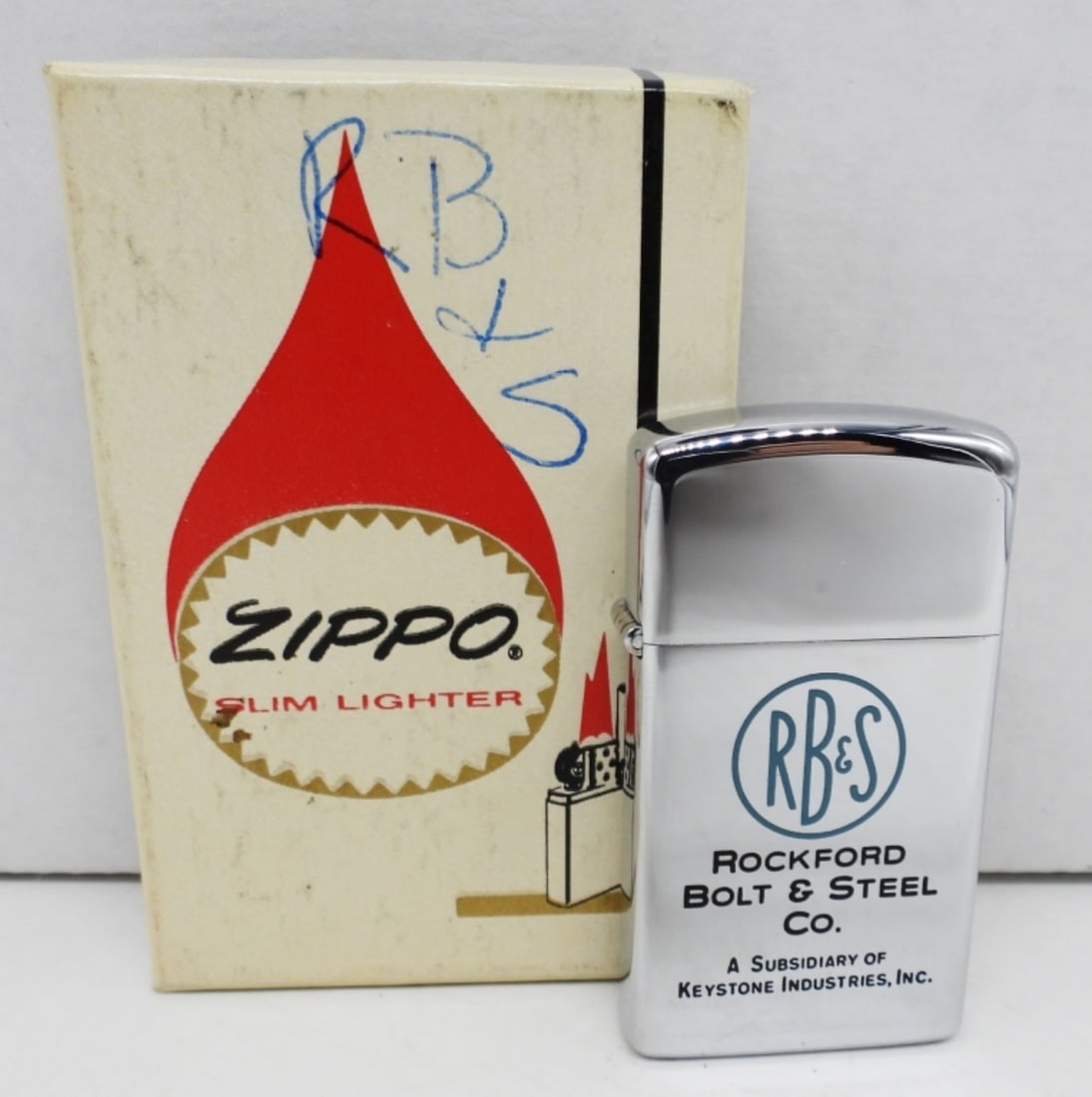 1974 UNFRIED ADVERTISING SLIM ZIPPO: UNFIRED, IN ZIPPO BOX, "ROCKFORD BOLT & STEEL CO."