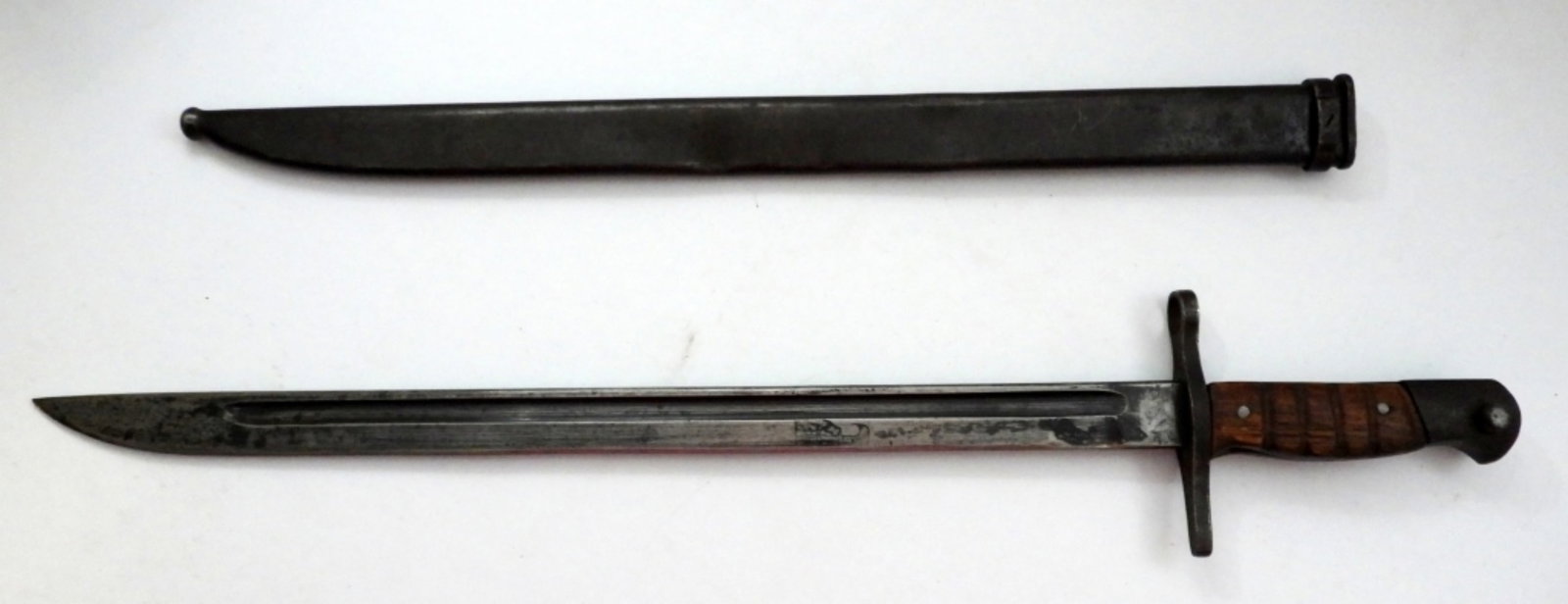 ANTIQUE BAYONET & KNIFE WITH SCABBARD: 15.5" BLADE WITH MARKINGS ON RICASSO AREA, WOOD HANDLE