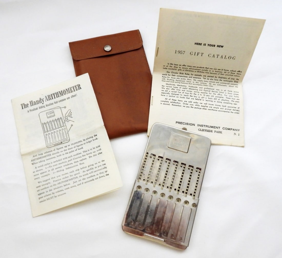 THE HANDY ARITHMOMETER CALCULATOR: ADDING MACHINE with INSTRUCTION / FLIP STORAGE