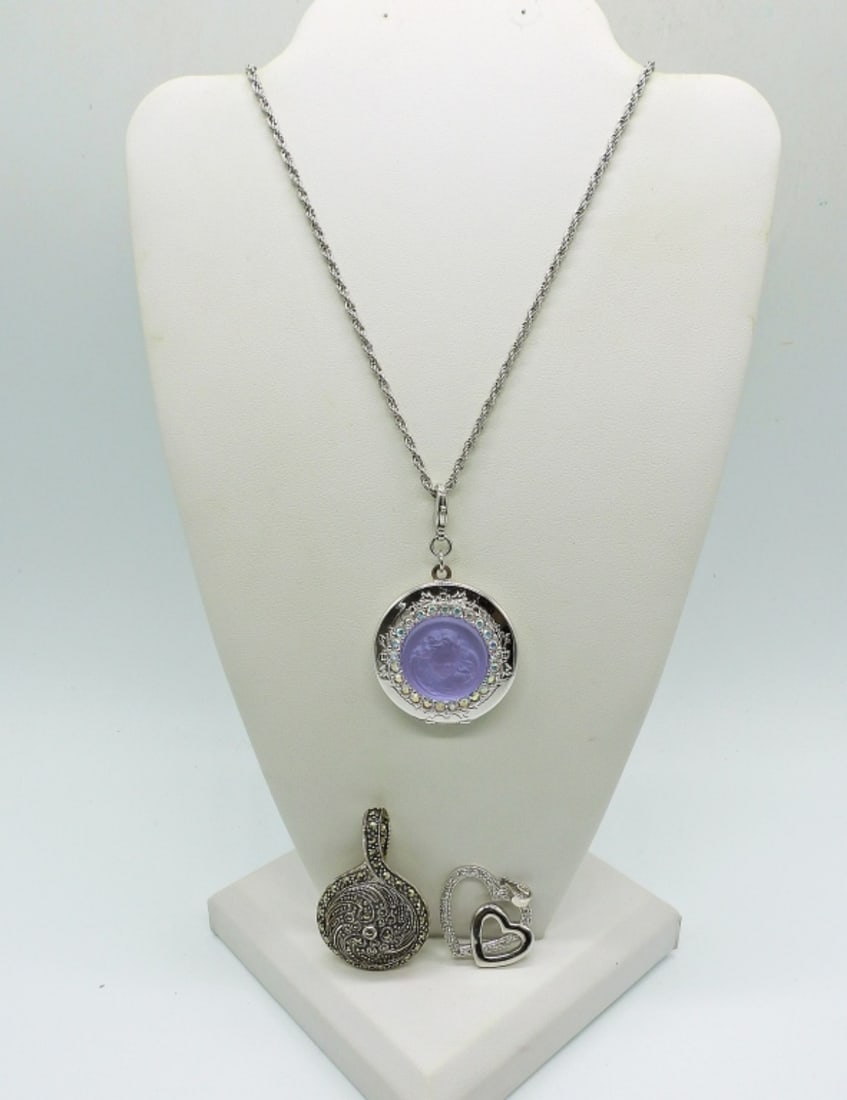3 UNIQUE PENDANTS & A CHAIN: MARCASITE DOUBLE SIDED PENDANT, HEART PENDANT, ANGEL CAMEO LOCKET ON A 30" CHAIN.