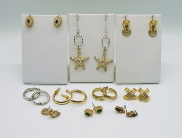 10 PAIR GOLD TONE GEMSTONE EARRINGS