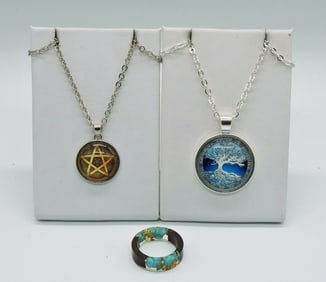 TREE OF LIFE & PENTACLE NECKLACES, RESIN RING