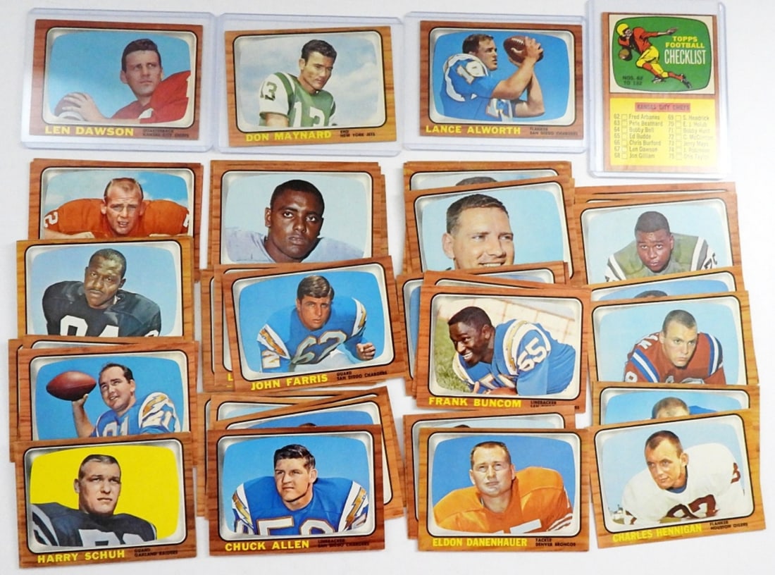 (51) 1966 TOPPS FOOTBALL CARDS: NEARLY ALL DIFFERENT - NICE EXCELLENT with #132 CHECKLIST unmarked, DAWSON, MAYNARD, ALWORTH & MORE