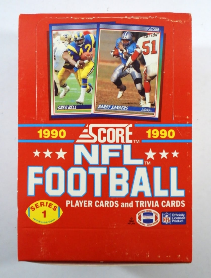 1990 SCORE NFL FOOTBALL WAX BOX CARDS: SERIES 1, PLAYER CARDS AND TRIVIA CARDS, BOX IS UNWRAPPED, CARDS STILL PACKAGED