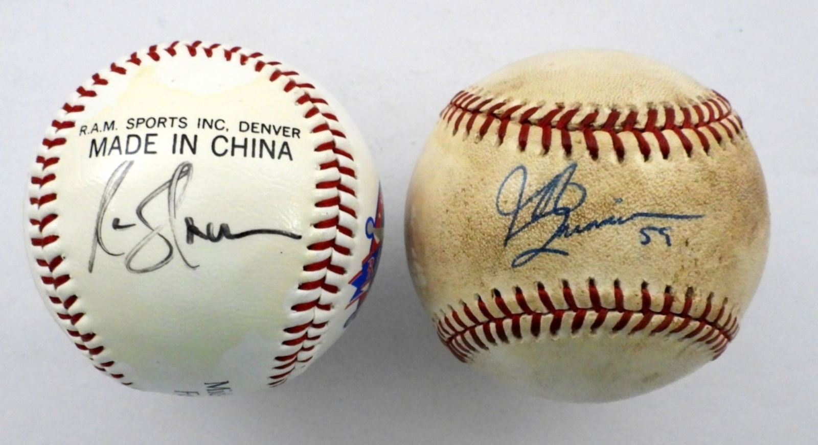 (2) AUTOGRAPHED BASEBALLS: JEFF ZIMMERMAN SIGNED OFFICIAL AMERICAN LEAGUE BALL; RUSTY GREER SIGNED TEXAS RANGERS CLASSIC BASEBALL; NO COAs