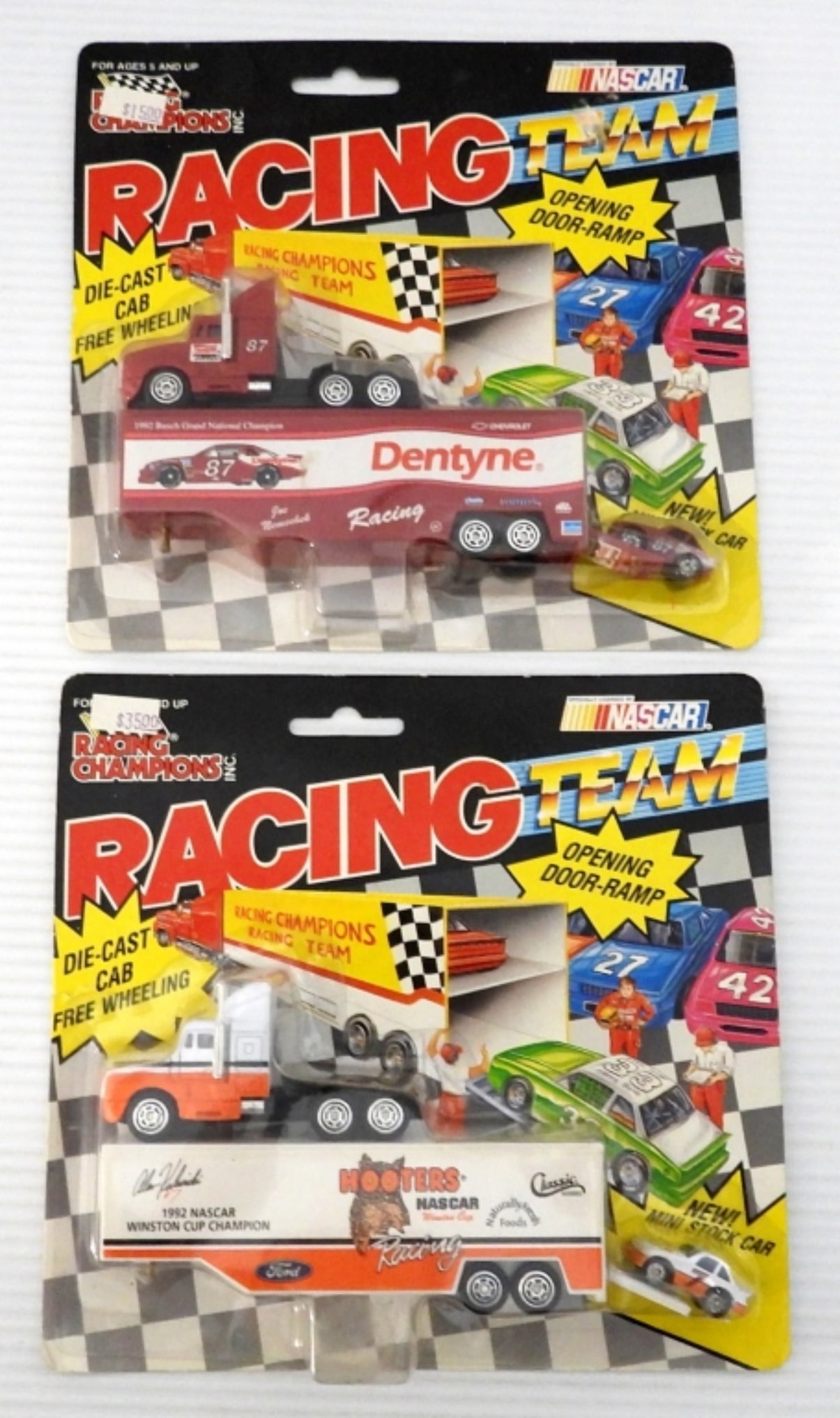 (2) VINTAGE RACING CHAMPIONS TRUCKS: FACTORY SEALED BRAND NEW 1992 - NASCAR RACING TEAM JOE NEMECHEK 1992 BUSCH GRAND NATIONAL CHAMPION; ALAN KULWICKI #7 HOOTERS 1992 WINSTON CUP CHAMPION TRANSPORTER