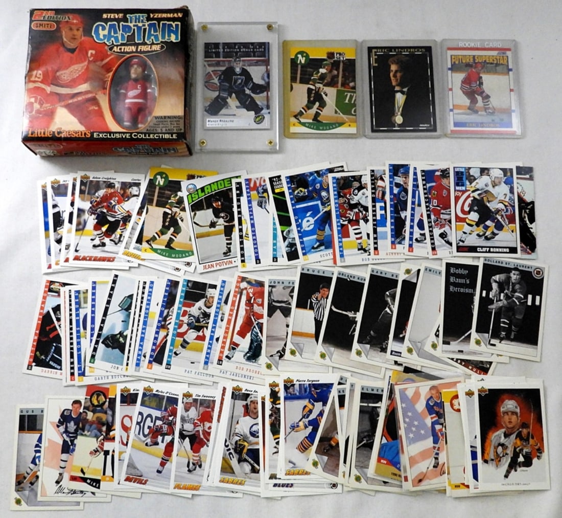 1990-91 ERIC LINDROS ROOKIE plus: (97) HOCKEY CARDS mostly EARLY 1990s & MINI STEVE YZERMAN "LITTLE CEASARS" ACTION FIGURE