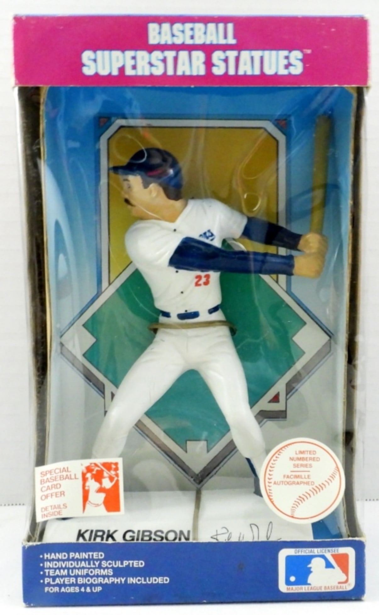 1988 BASEBALL SUPERSTAR STATUES KIRK GIBSON: MANUFACTURED FOR KONDRITZ SPORTS PRODUCTION, NORMAL WEAR ON THE BOX FROM THE YEARS, CLEAR COVER IN CAVED IN AS WELL