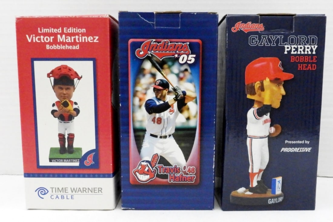 (3) CLEVELAND INDIAN BOBBLEHEADS: GAYLORD PERRY, TRAVIS HAFNER & VICTOR MARTINEZ in ORIGINAL BOXES