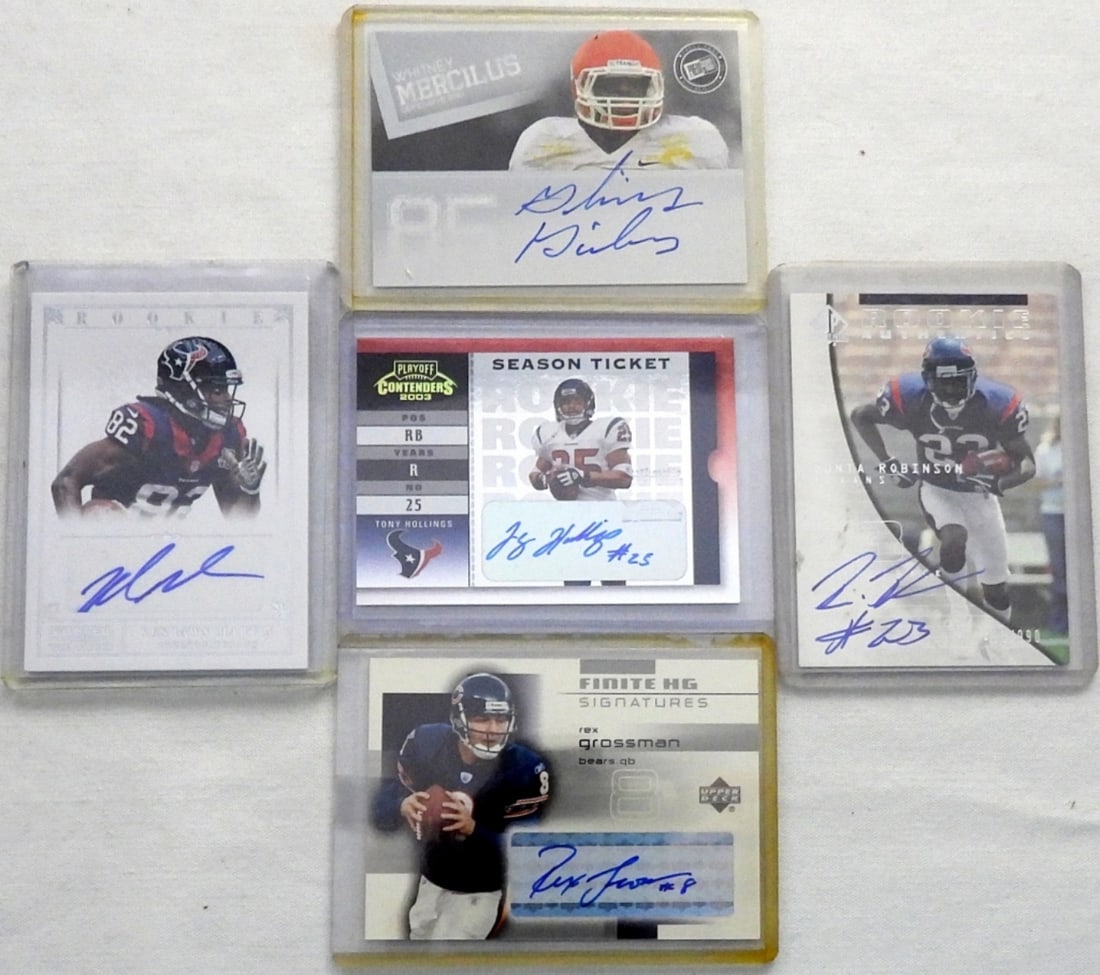 (5) FOOTBALL AUTOGRAPHED ROOKIE CARDS: TONY HOLLINGS, KESHAWN MARTIN, DUNTA ROBINSON, REX GROSSMAN, & WHITNEY MERCILUS - ALL DIFFERENT DRAFT PICKS & ROOKIES