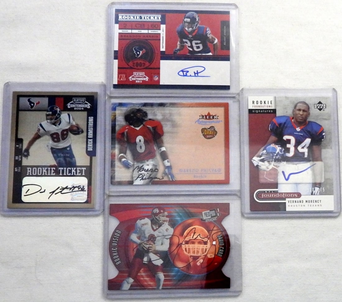 (5) FOOTBALL AUTOGRAPHED ROOKIE CARDS: BRANDON HARRIS, VERNAND MORENCY, MARENO PHILYAW, DERICK ARMSTRONG, & DAVID CARR - ALL DIFFERENT DRAFT PICKS & ROOKIES