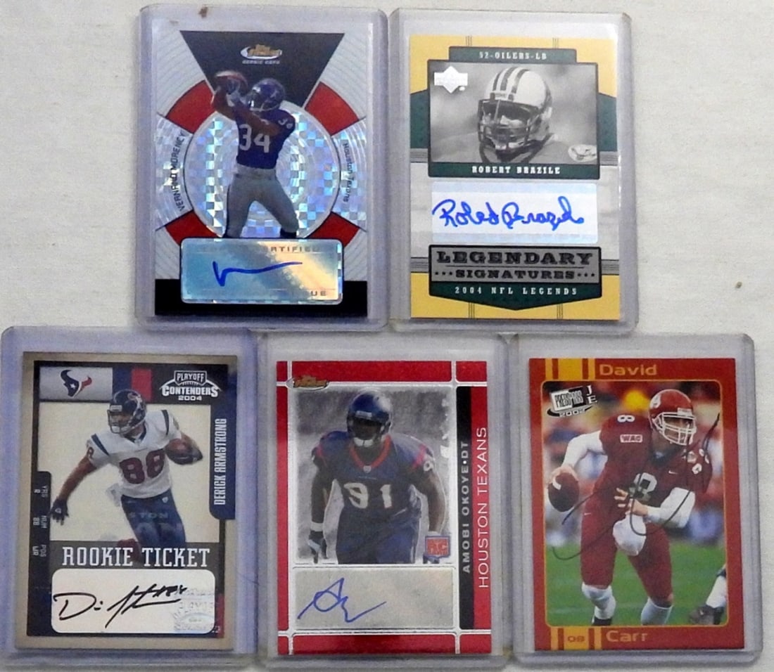 (5) FOOTBALL AUTOGRAPHED ROOKIE CARDS: DERICK ARMSTRONG, DAVID CARR, AMOBI OKOYE, VERNAND MORENCY, & ROBERT BRAZILE - ALL DIFFERENT DRAFT PICKS & ROOKIES