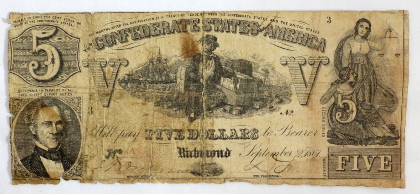 1861 $5 CONFEDERATE STATES OF AMERICA (1 of 2)