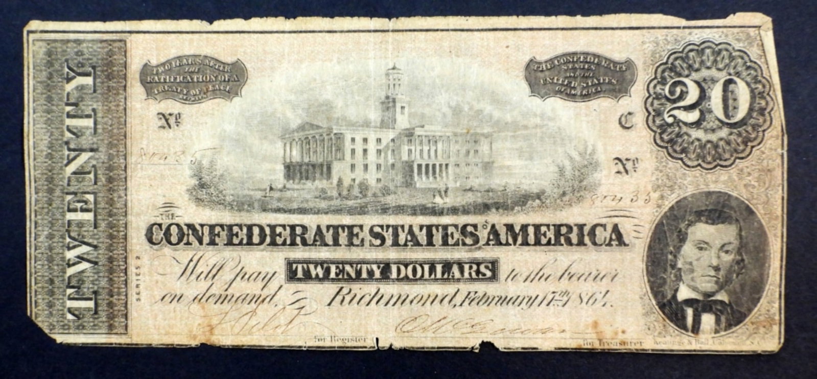 1864 $20 CONFEDERATE STATES OF AMERICA: TWENTY DOLLARS, FEBRUARY 17TH 1864, RICHMOND