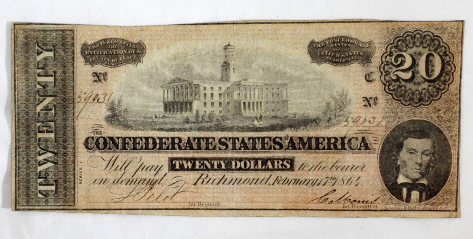 1864 $20 CONFEDERATE STATES OF AMERICA: TWENTY DOLLARS, FEBRUARY 17TH 1864, RICHMOND
