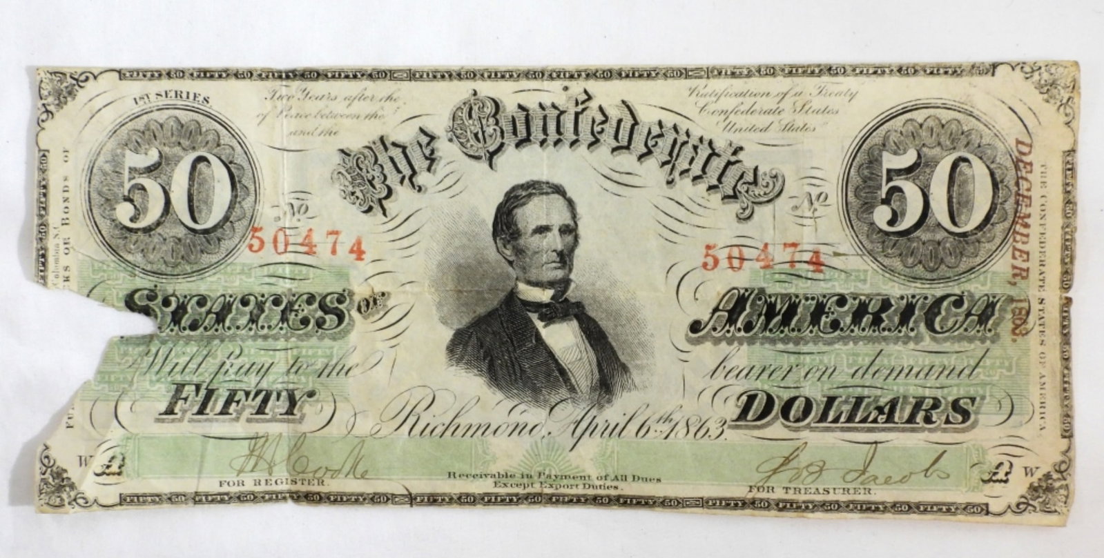 1863 $50 CONFEDERATE STATES OF AMERICA: FIFTY DOLLARS, APRIL 6TH 1863, RICHMOND