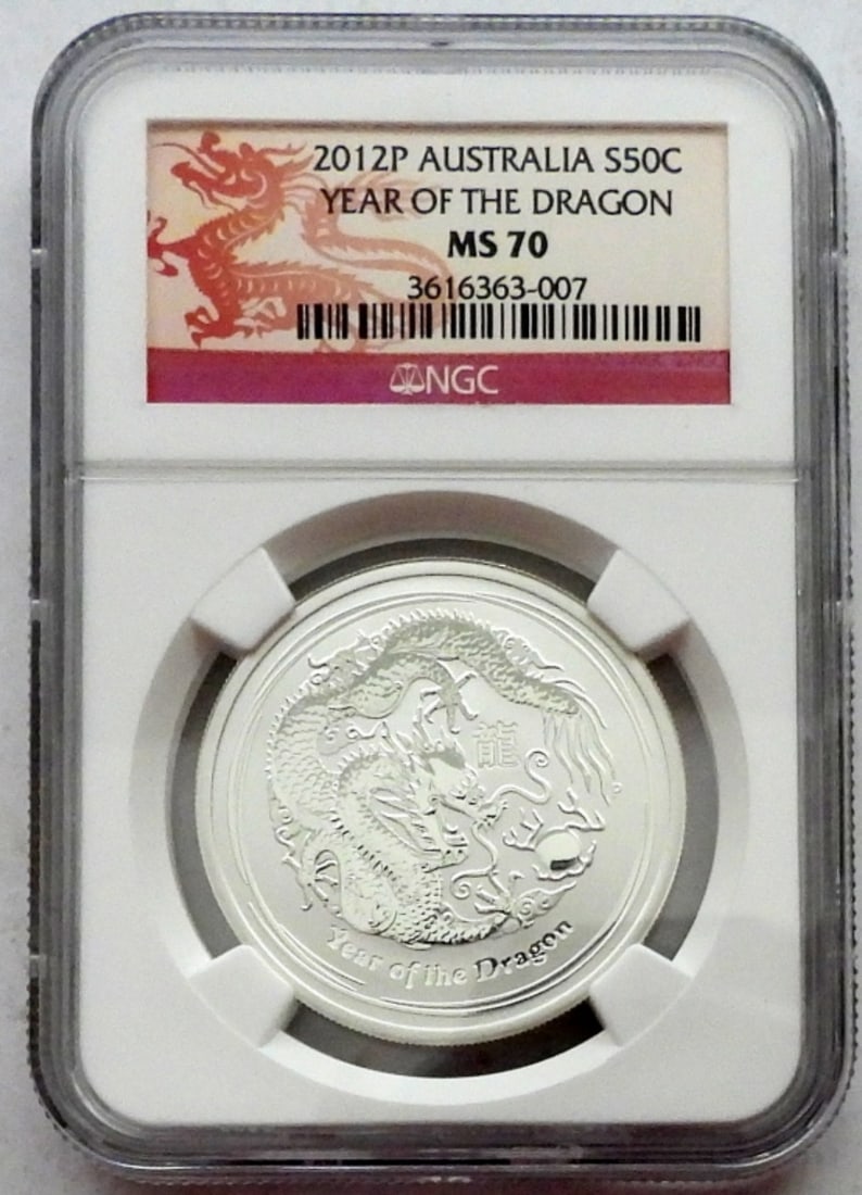 2012P YEAR OF THE DRAGON 50C NGC MS-70: AUSTRALIA 1/2 oz .999 SILVER