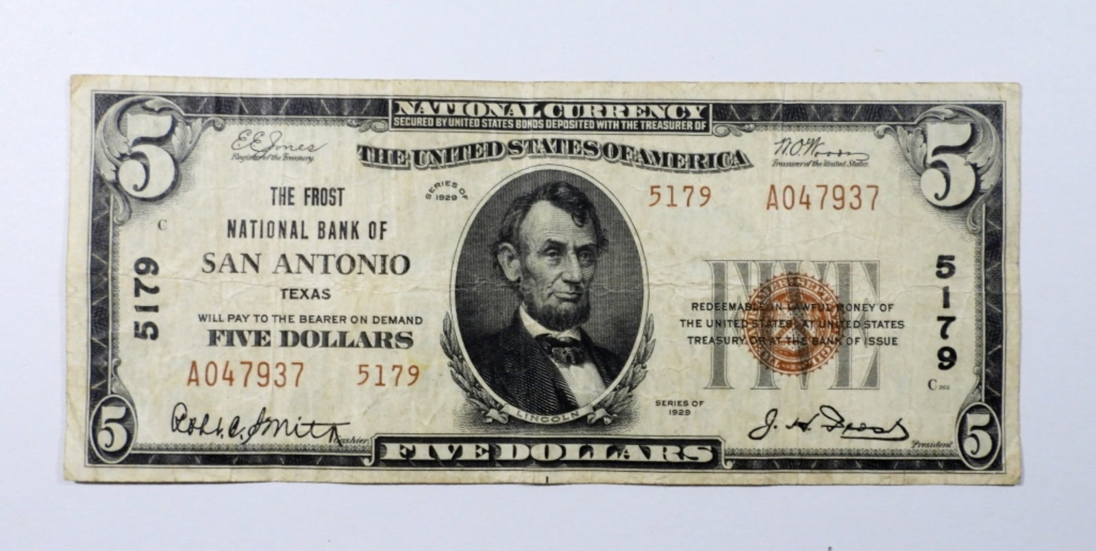 1929 $5 NATIONAL CURRENCY SAN ANTONIO: THE FIRST NATIONAL BANK OF SAN ANTONIO TEXAS FIVE DOLLARS