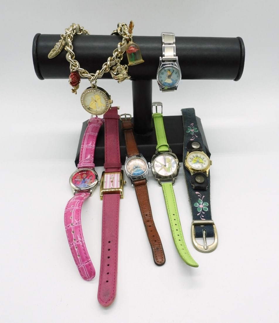 7 DISNEY PRINCESS & MORE WATCHES: DISNEY PRINCESSSES, TINKERBELL, ALICE IN WONDERLAND & BARBIE WATCHES. SEE PHOTOS. (NOT TESTED AS TO WORKING OR NOT)