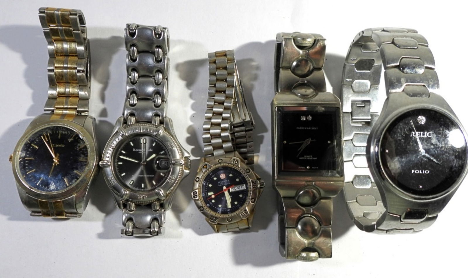 (5) DARK WATCH FACE MEN'S LOT: RELIC, FABIO CARLUCCI, WENGER, KENNETH COLE, QUARTZ - UNTESTED