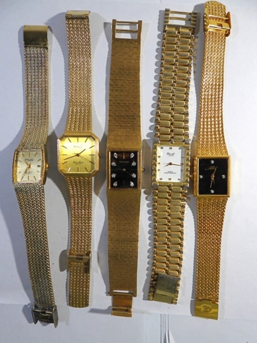 (5) MEN'S GOLD TONED DRESS WATCHES: XAVIER, CROTON, ACUET, (2) DUFONTE - UNTESTED - NICE CONDITION