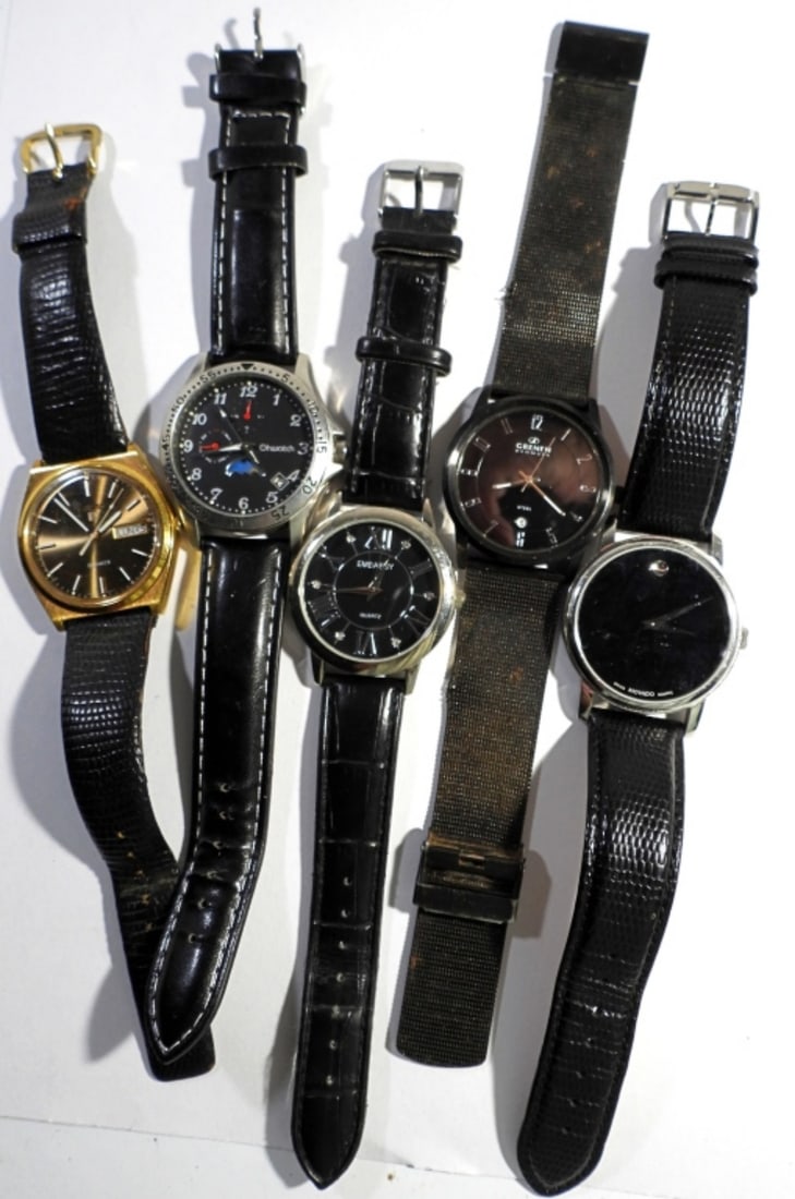 (5) MEN'S STRAP WRIST WATCHES: OHWATCH , EMBASSY, MOVADO, PULSAR - ALL NICE & GRENEN DENMARK missing back - ALL UNTESTED