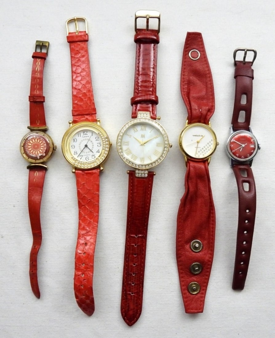 (5) LADIES WATCHES - RED LEATHER BANDS: FASHION WATCHES INCLUDING TIMEX, NELSONIC & MORE
